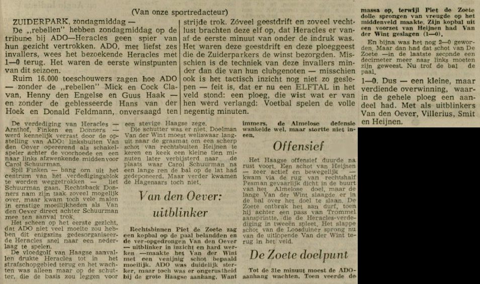 9 september 1962 Teamgeest bezorgt ADO 1-0 winst op Heracles
