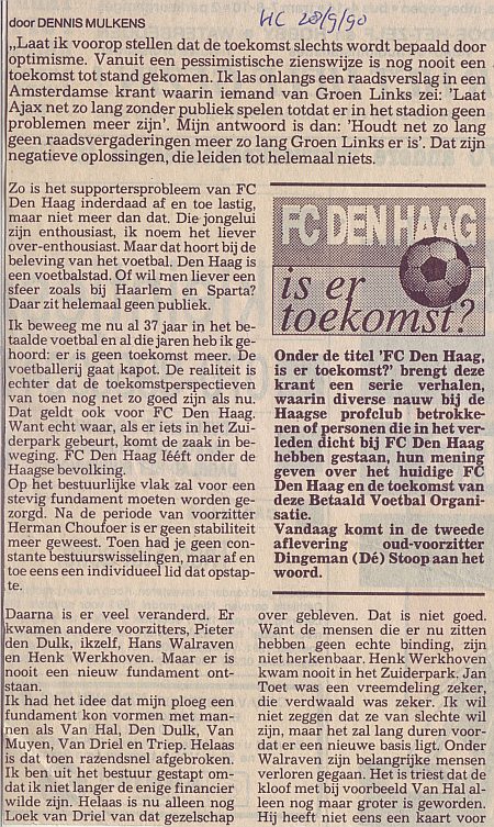 september 1990 Bestuur ADO FC Den Haag ontbeert binding met de club