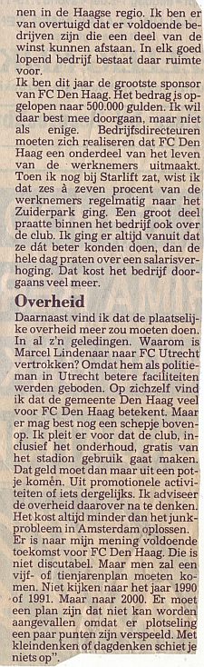 september 1990 Bestuur ADO FC Den Haag ontbeert binding met de club