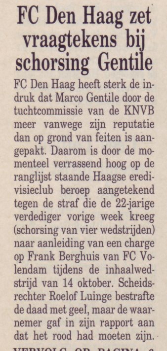 FC Den Haag  heeft twijfels bij schorsing van Gentile