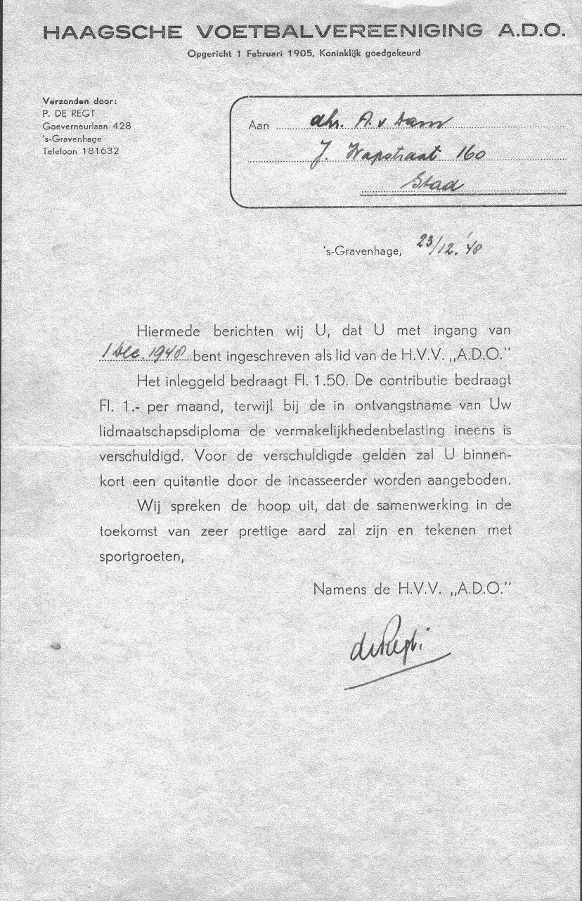 Inschrijvingsformulier van Andries v Dam uit 1948