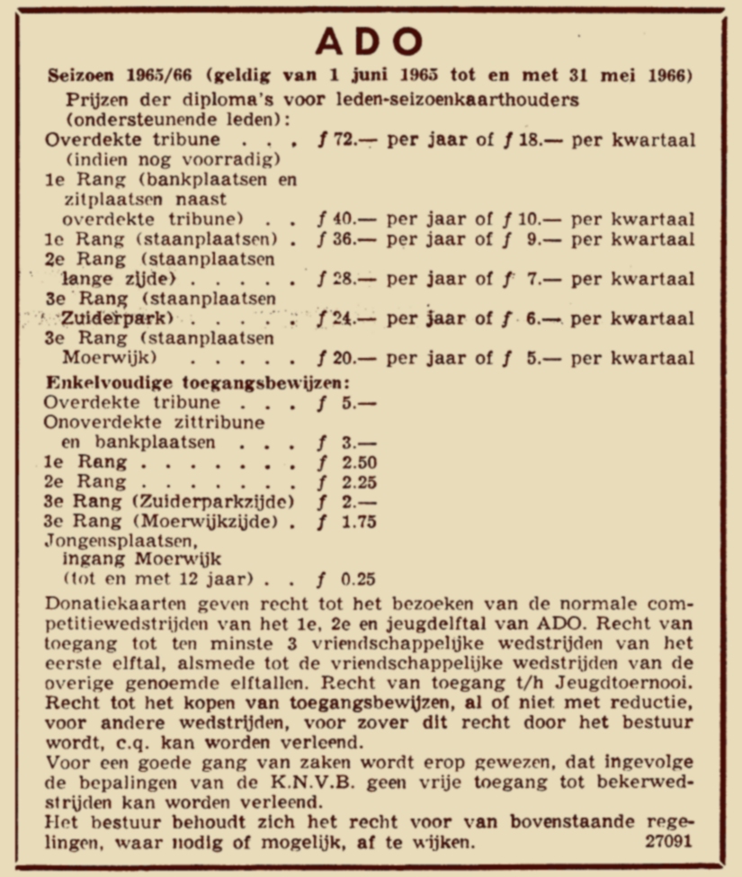 Prijzen seizoenskaarten ADO voor het seizoen 1965-1966