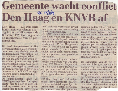 Gemeente wacht conflict FC  Den Haag KNVB af 
