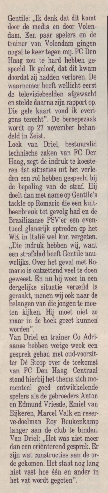 FC Den Haag  heeft twijfels bij schorsing van Gentile