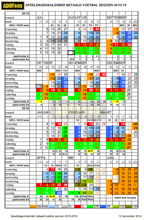 Eredivisie speeldagen agenda seizoen 2015-2016