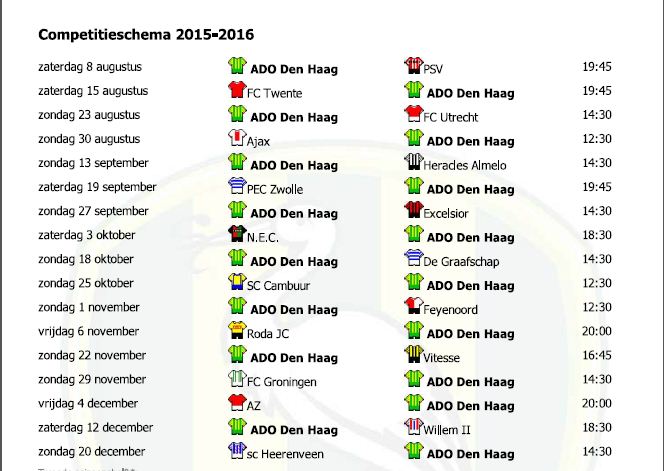 Sspeelschema van ADO Den Haag  in PDF en outlook bestand
