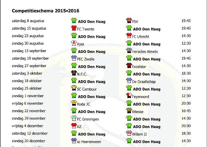 Sspeelschema van ADO Den Haag  in PDF en outlook bestand